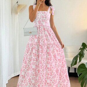 Pink Boho Women's Elegant Ruched Floral Flared Dress